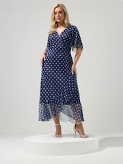 Yours Curve Blue London Mesh Wrap Ruffle Dress - Image 1 of 5