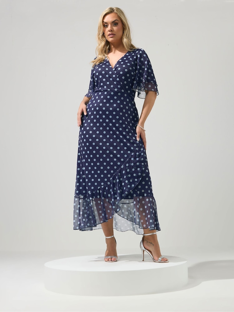 Yours Curve Blue London Mesh Wrap Ruffle Dress - Image 1 of 5 Yours Curve Blue London Mesh Wrap Ruffle Dress - Image 1 of 5