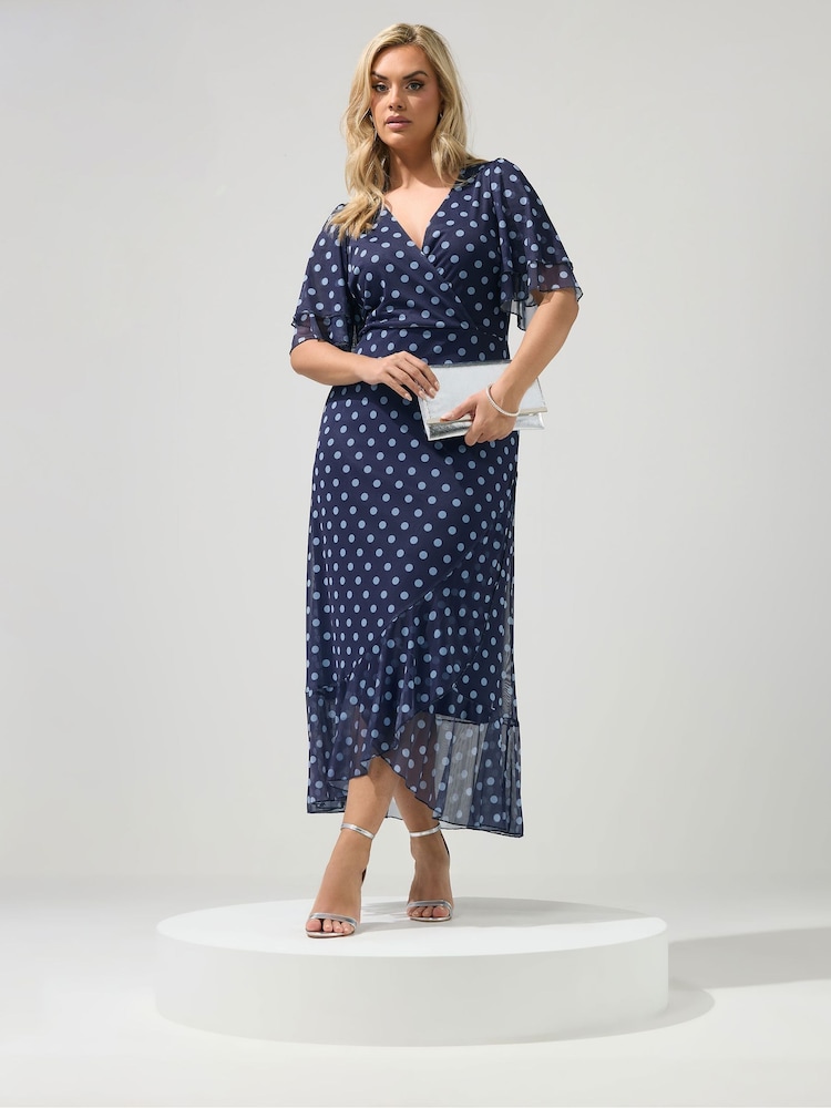 Yours Curve Blue London Mesh Wrap Ruffle Dress - Image 2 of 5 Yours Curve Blue London Mesh Wrap Ruffle Dress - Image 2 of 5