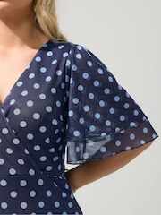 Yours Curve Blue London Mesh Wrap Ruffle Dress - Image 4 of 5