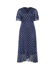 Yours Curve Blue London Mesh Wrap Ruffle Dress - Image 5 of 5