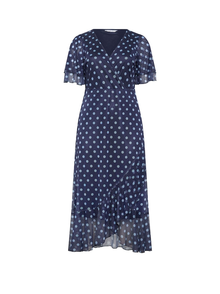 Yours Curve Blue London Mesh Wrap Ruffle Dress - Image 5 of 5 Yours Curve Blue London Mesh Wrap Ruffle Dress - Image 5 of 5