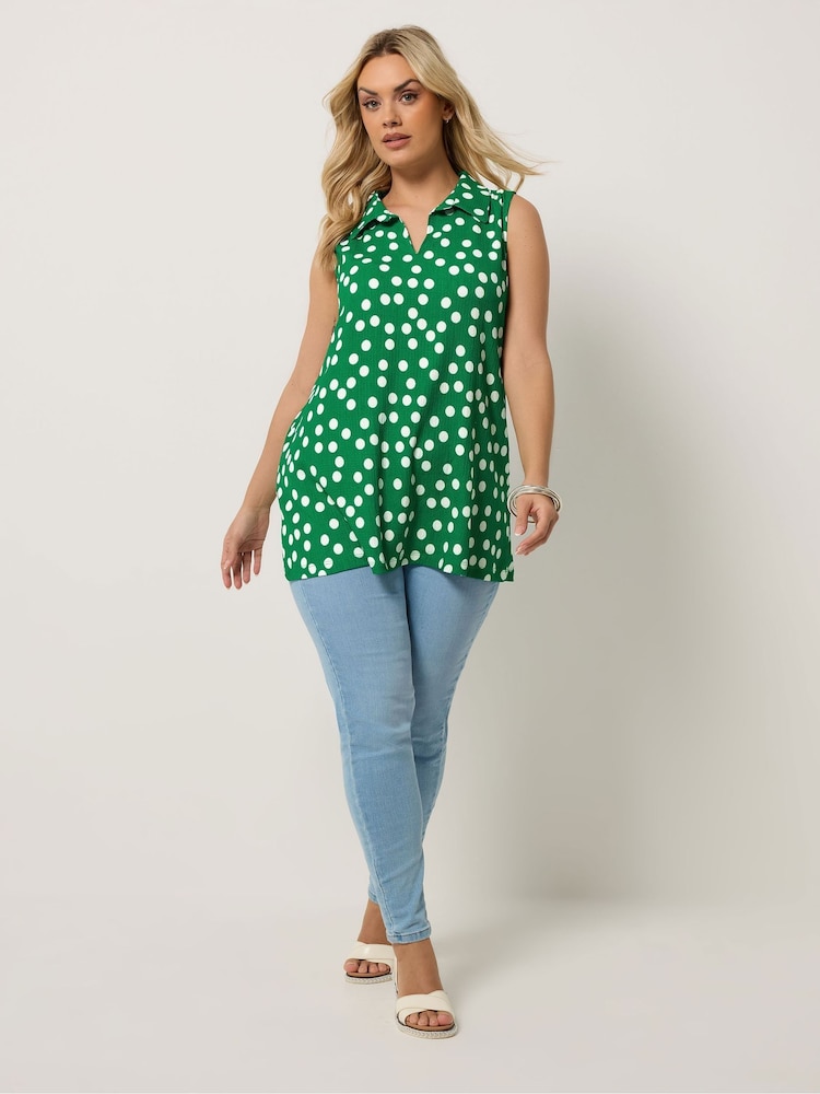 Yours Curve Green Polka Dot Collared Top - Image 2 of 5