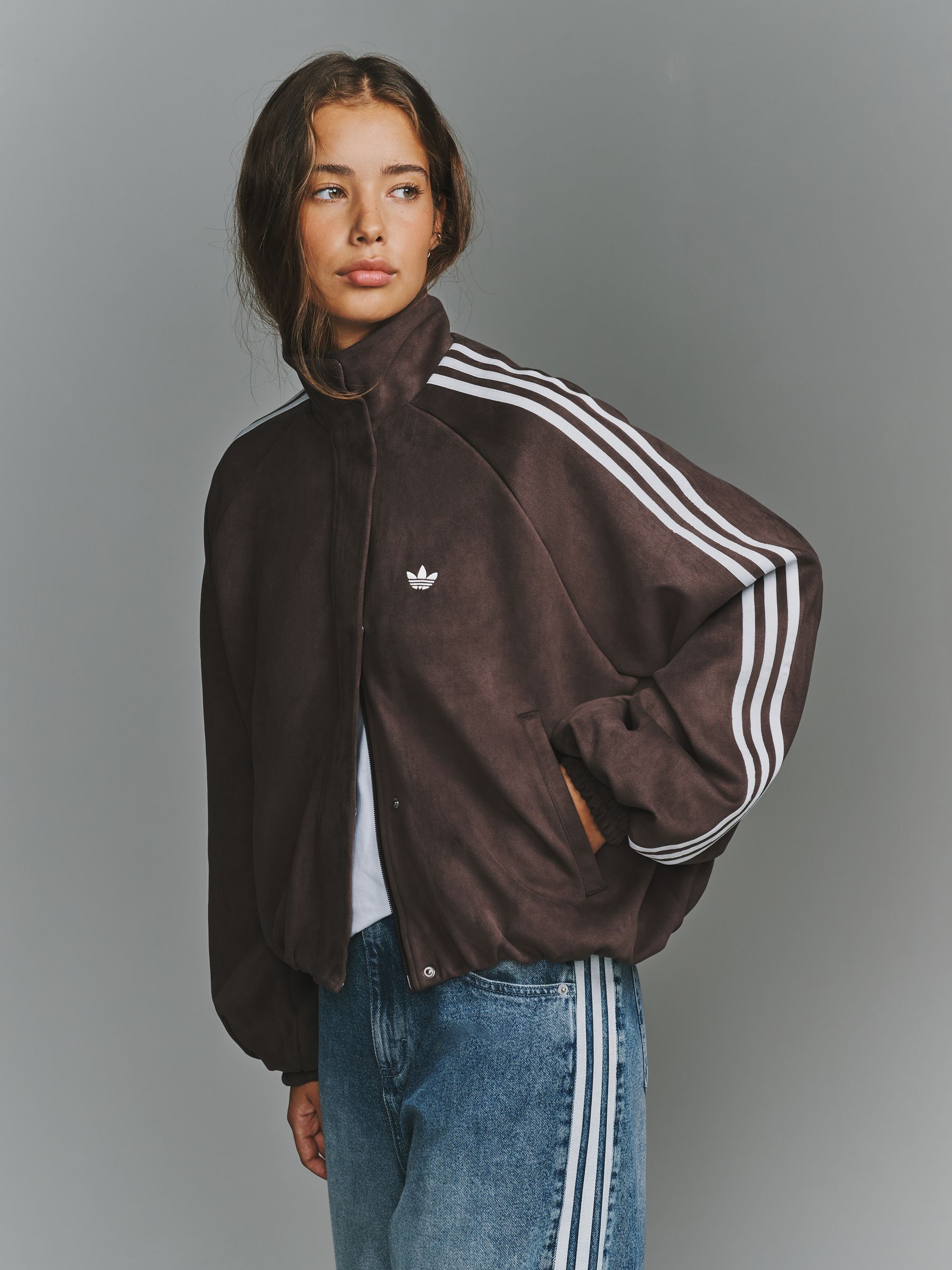 Buy adidas Originals Brown Funnel Neck Faux Suede Jacket from Next USA
