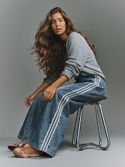 adidas Originals Blue Denim 3 Stripe Wide Leg Denim Jeans - Image 1 of 6