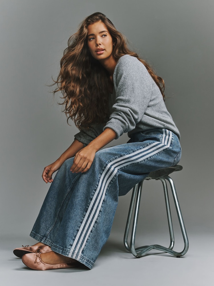 adidas Originals Blue Denim 3 Stripe Wide Leg Denim Jeans - Image 1 of 6