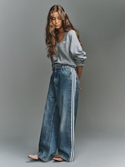 adidas Originals Blue Denim 3 Stripe Wide Leg Denim Jeans - Image 2 of 6