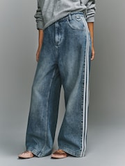 adidas Originals Blue Denim 3 Stripe Wide Leg Denim Jeans - Image 3 of 6