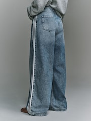 adidas Originals Blue Denim 3 Stripe Wide Leg Denim Jeans - Image 4 of 6