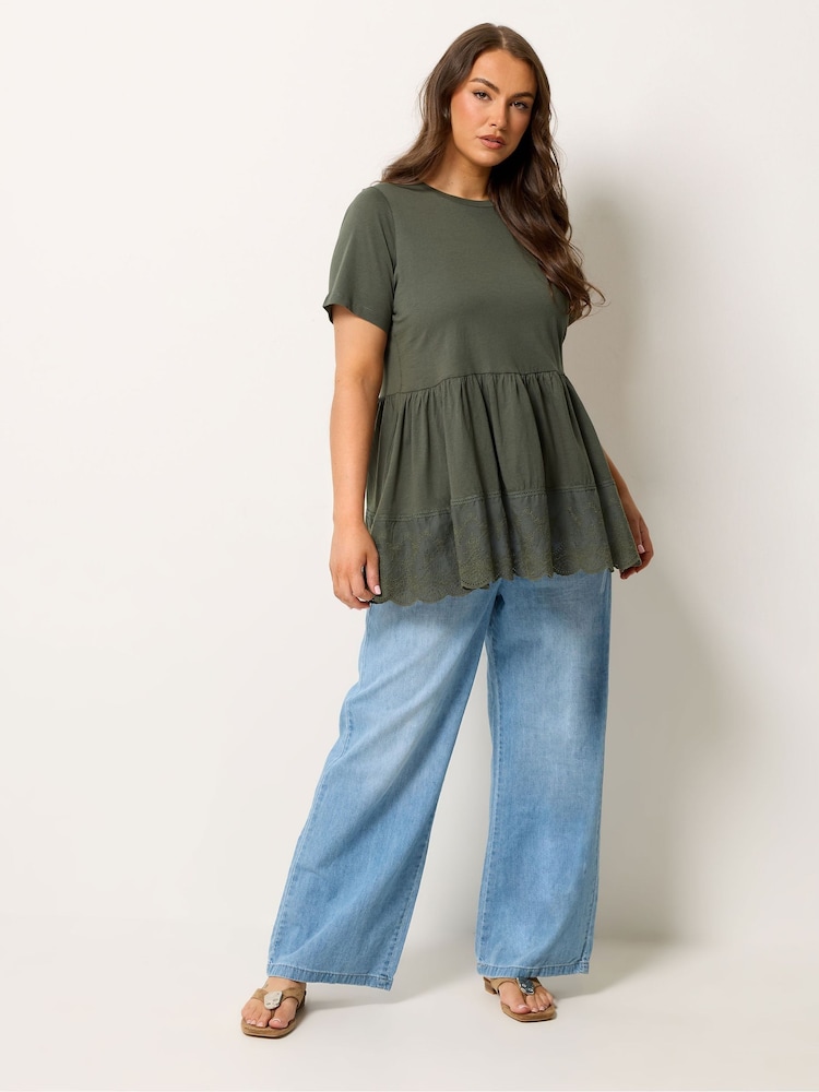Yours Curve Green Tiered Anglaise Peplum Top - Image 2 of 5 Yours Curve Green Tiered Anglaise Peplum Top - Image 2 of 5
