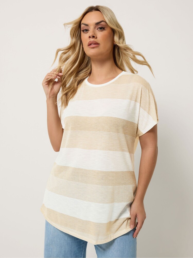 Yours Curve Cream Stripe Shimmer Top - Image 1 of 5 Yours Curve Cream Stripe Shimmer Top - Image 1 of 5