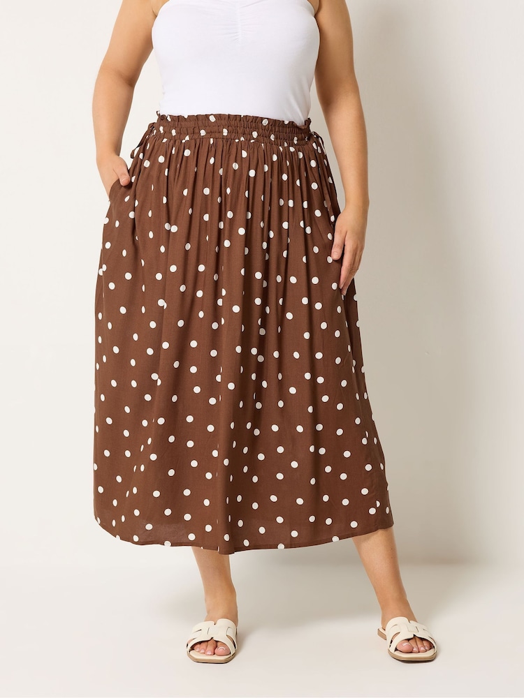 Yours Curve Brown Polka Dot Print Skirt - Image 1 of 4