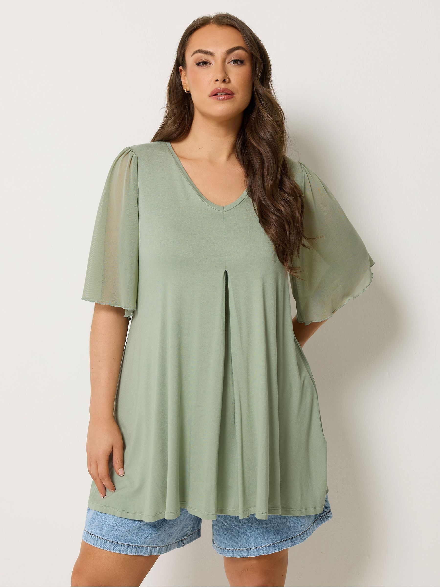 Yours Curve Women's Green Pleated Front Swing Mesh Sleeve Top