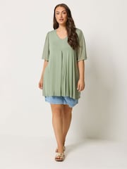 Yours Curve Green Pleated Front Swing Mesh Sleeve Top - Image 2 of 4