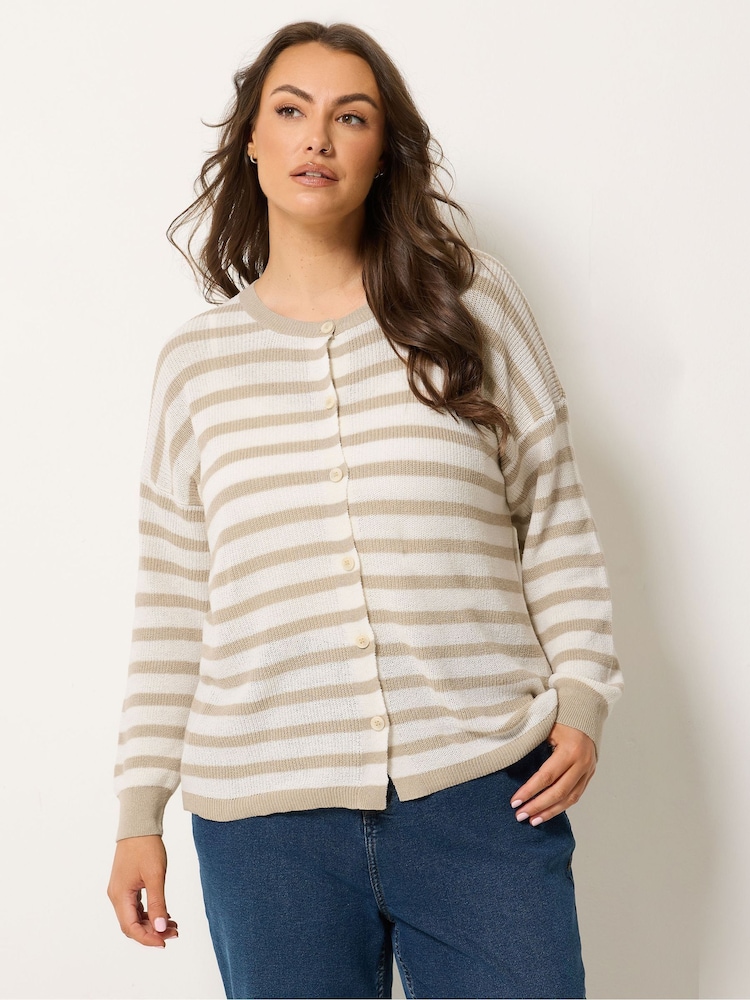 Yours Curve Natural Stripe Crew Neck Cardigan - Image 1 of 5 Yours Curve Natural Stripe Crew Neck Cardigan - Image 1 of 5