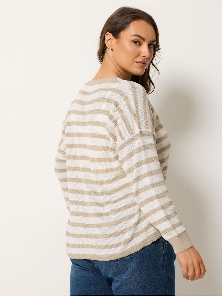 Yours Curve Natural Stripe Crew Neck Cardigan - Image 2 of 5 Yours Curve Natural Stripe Crew Neck Cardigan - Image 2 of 5