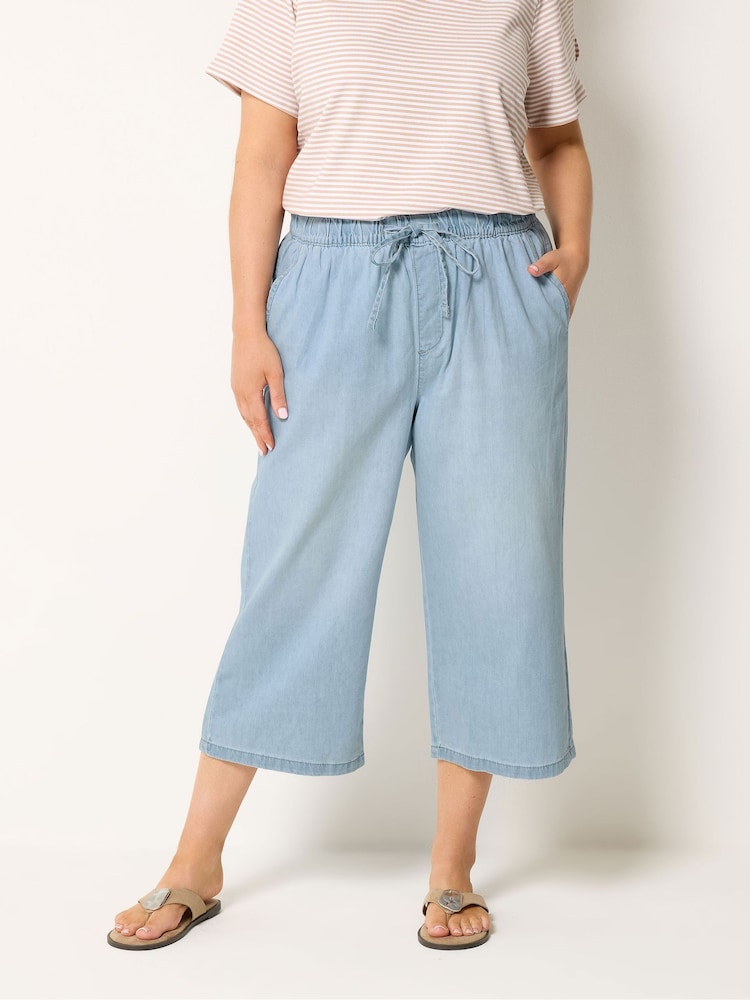 Yours Curve Blue Pull On Cropped Trousers - Image 1 of 6 Yours Curve Blue Pull On Cropped Trousers - Image 1 of 6