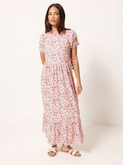 PixieGirl Petite Pink Puff Sleeve Floral Maxi Dress - Image 1 of 5