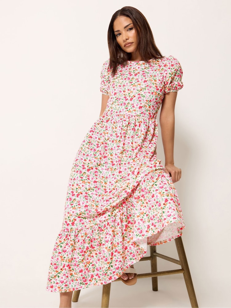 PixieGirl Petite Pink Puff Sleeve Floral Maxi Dress - Image 2 of 5