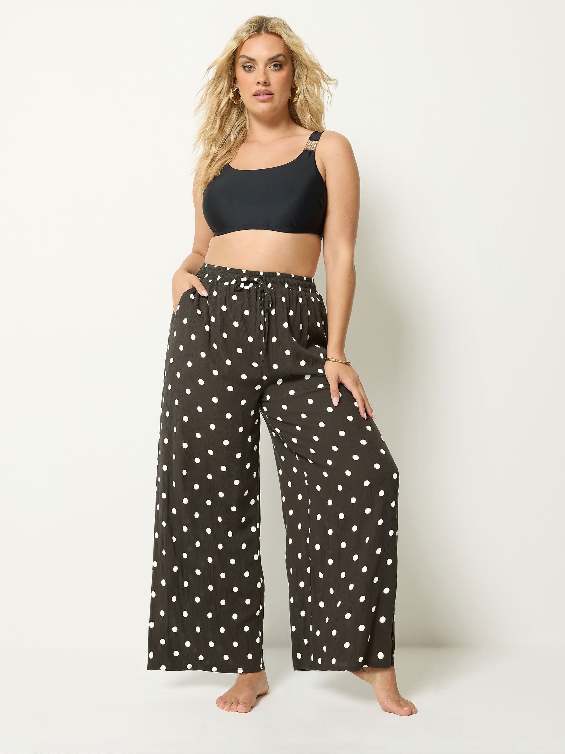 Yours Curve Women's Brown Polka Dot Wide Leg Crinkle Trousers
