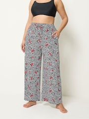 Yours Curve Black Mono Cherry Print Wide Leg Crinkle Trousers - Image 2 of 5