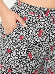 Yours Curve Black Mono Cherry Print Wide Leg Crinkle Trousers - Image 4 of 5
