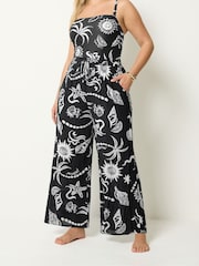 Yours Curve Black Mono Shell Print Wide Leg Crinkle Trousers - Image 2 of 5