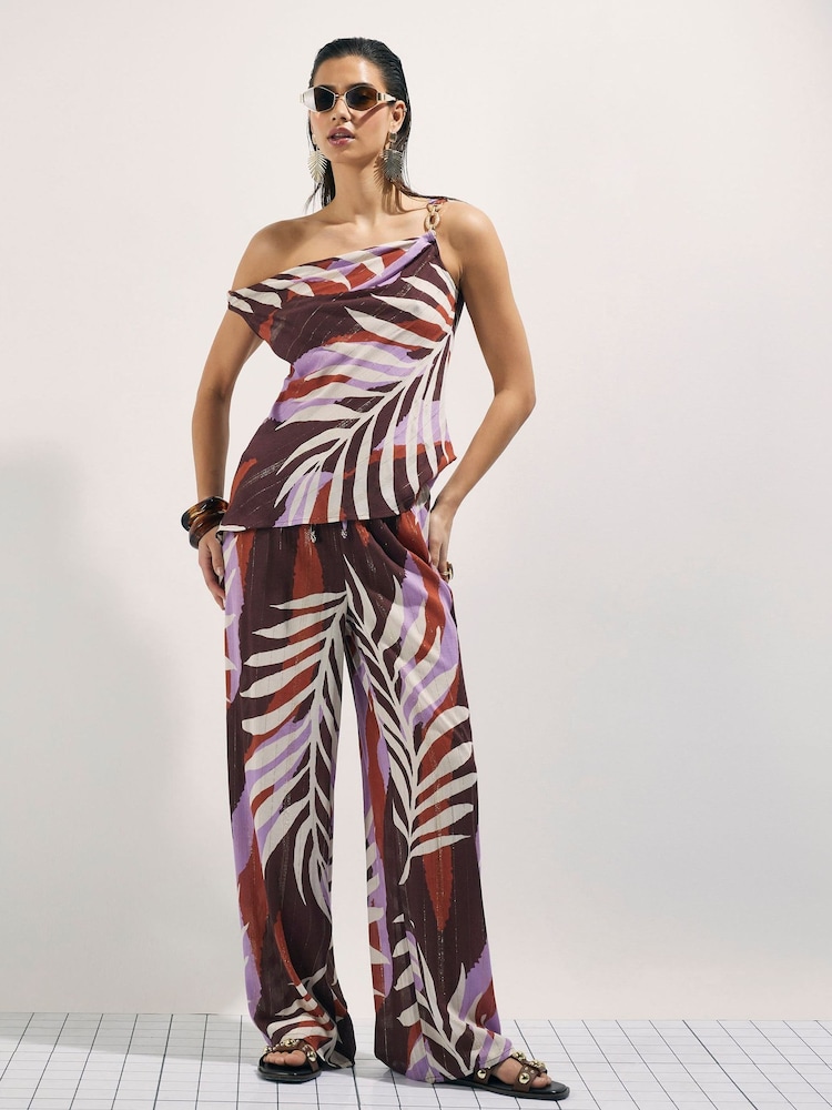 River Island Brown Leaf Print Asymmetric Chain Top - Image 1 of 4 River Island Brown Leaf Print Asymmetric Chain Top - Image 1 of 4