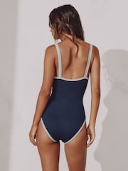 Navy Blue/Pink Textured Whipstitch Plunge Tummy Control Swimsuit - Image 3 of 4