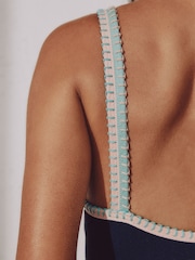 Navy Blue/Pink Textured Whipstitch Plunge Tummy Control Swimsuit - Image 4 of 4