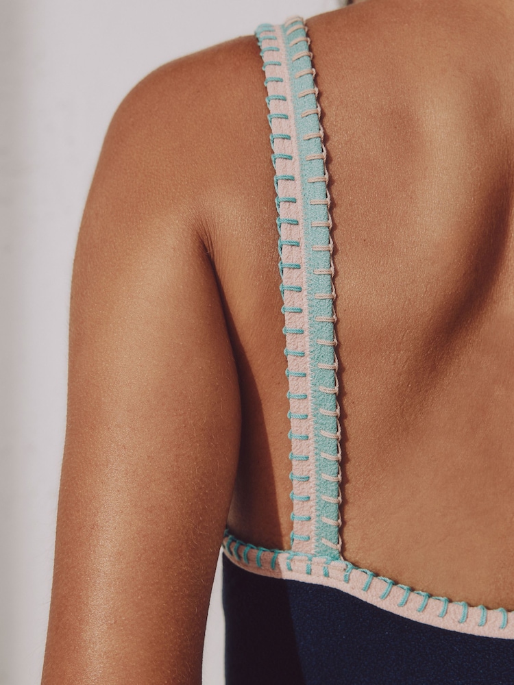 Navy Blue/Pink Textured Whipstitch Plunge Tummy Control Swimsuit - Image 4 of 4