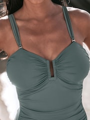 Khaki Green U Trim Gathered Bandeau Tummy Control Swimsuit - Image 5 of 9