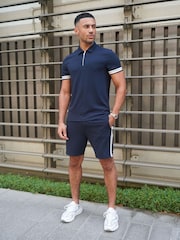 CAPO Blue Textured Tape Zip Polo Shirt - Image 1 of 5