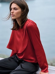 Red Satin Cape Long Sleeve Blouse - Image 1 of 7