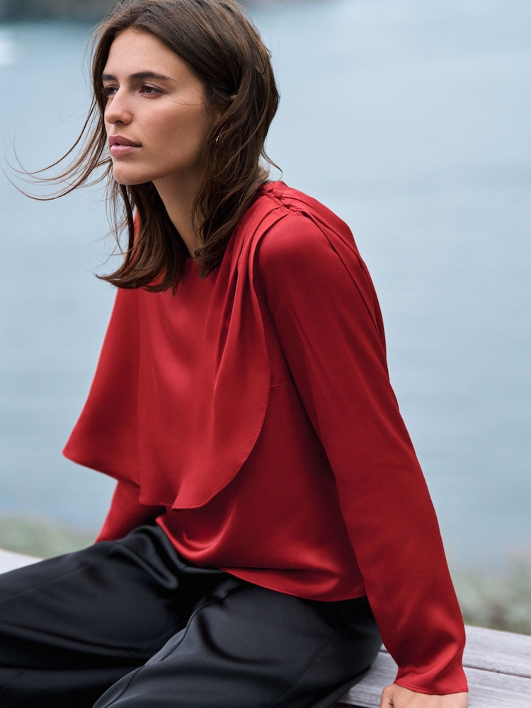 Red Satin Cape Long Sleeve Blouse - Image 1 of 7 Red Satin Cape Long Sleeve Blouse - Image 1 of 7