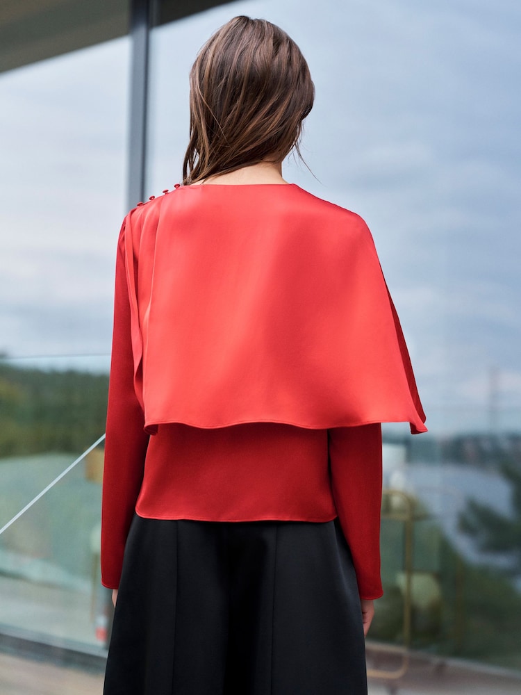 Red Satin Cape Long Sleeve Blouse - Image 2 of 7 Red Satin Cape Long Sleeve Blouse - Image 2 of 7
