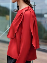 Red Satin Cape Long Sleeve Blouse - Image 3 of 7