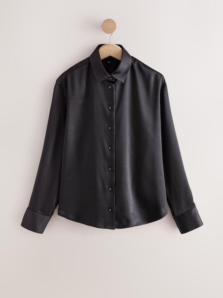 Black Satin Long Sleeve Shirt - Image 1 of 3 Black Satin Long Sleeve Shirt - Image 1 of 3