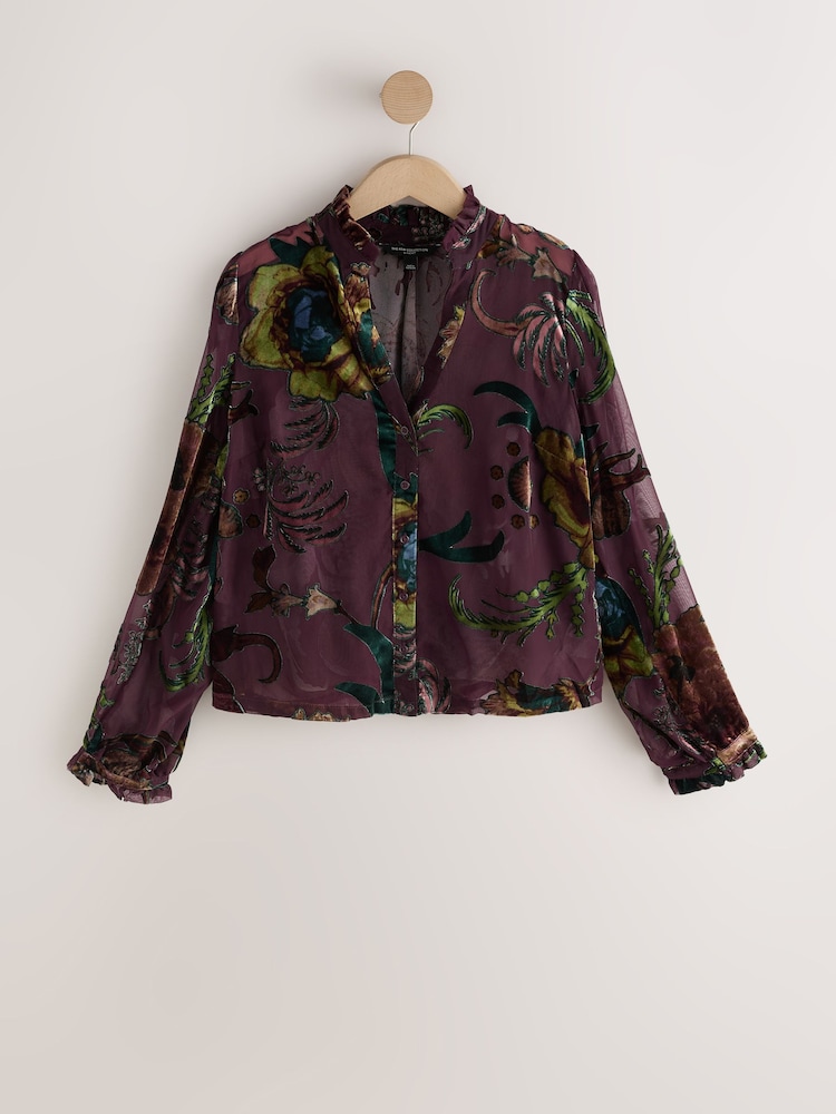Wine Kew Collection x Next Floral Burnout Long Sleeve Blouse - Image 1 of 3 Wine Kew Collection x Next Floral Burnout Long Sleeve Blouse - Image 1 of 3