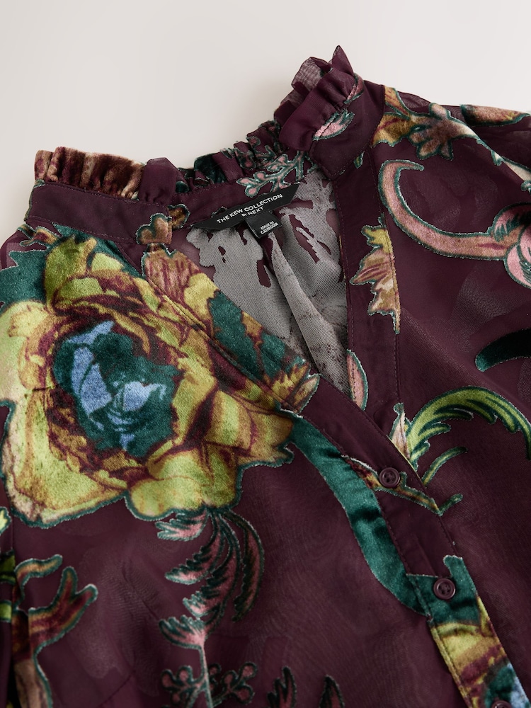 Wine Kew Collection x Next Floral Burnout Long Sleeve Blouse - Image 3 of 3 Wine Kew Collection x Next Floral Burnout Long Sleeve Blouse - Image 3 of 3