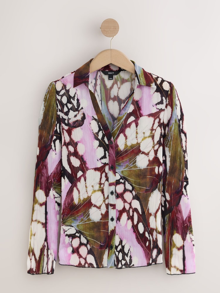 Purple Abstract Butterfly Print Plisse Long Sleeve Shirt - Image 1 of 3 Purple Abstract Butterfly Print Plisse Long Sleeve Shirt - Image 1 of 3