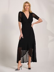 Jolie Moi Black Ruched Sleeve Mesh Maxi Dress - Image 1 of 6