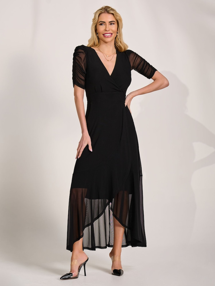 Jolie Moi Black Ruched Sleeve Mesh Maxi Dress - Image 1 of 6