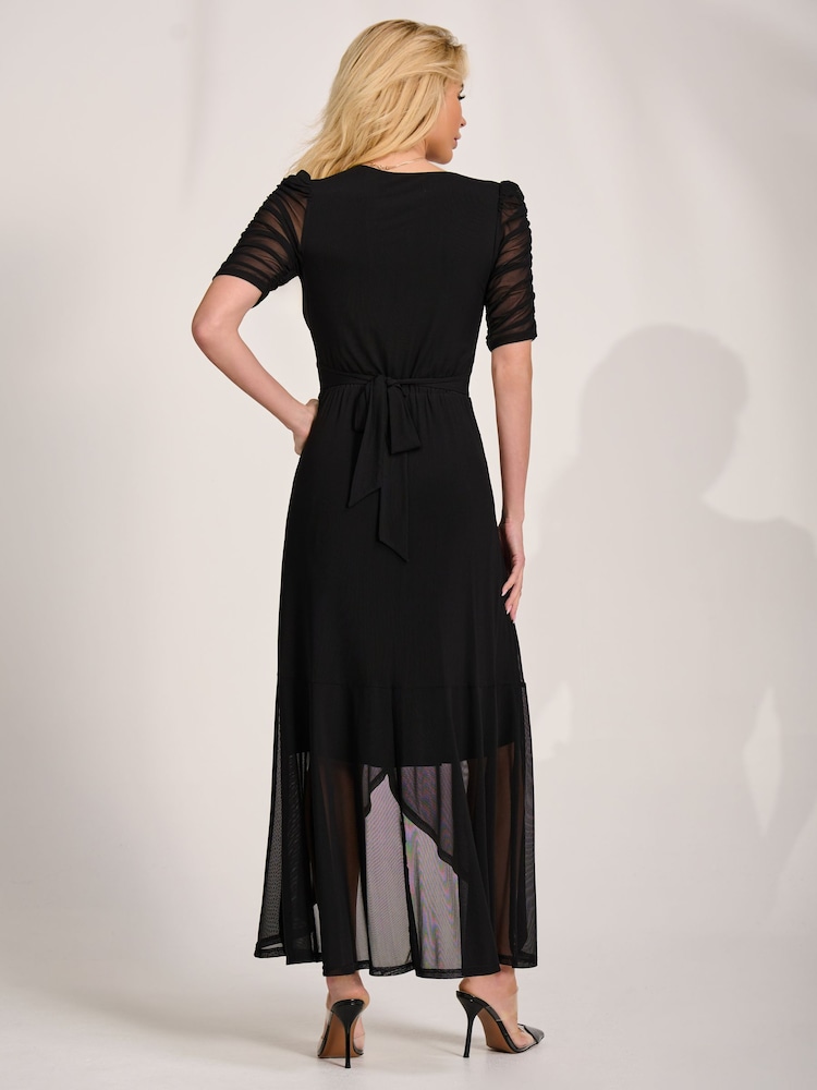 Jolie Moi Black Ruched Sleeve Mesh Maxi Dress - Image 2 of 6