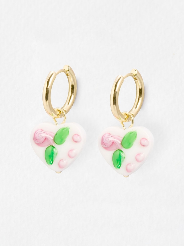 Oliver Bonas White Lydia Ceramic Painted Heart Drop Hoop Earrings - Image 1 of 5