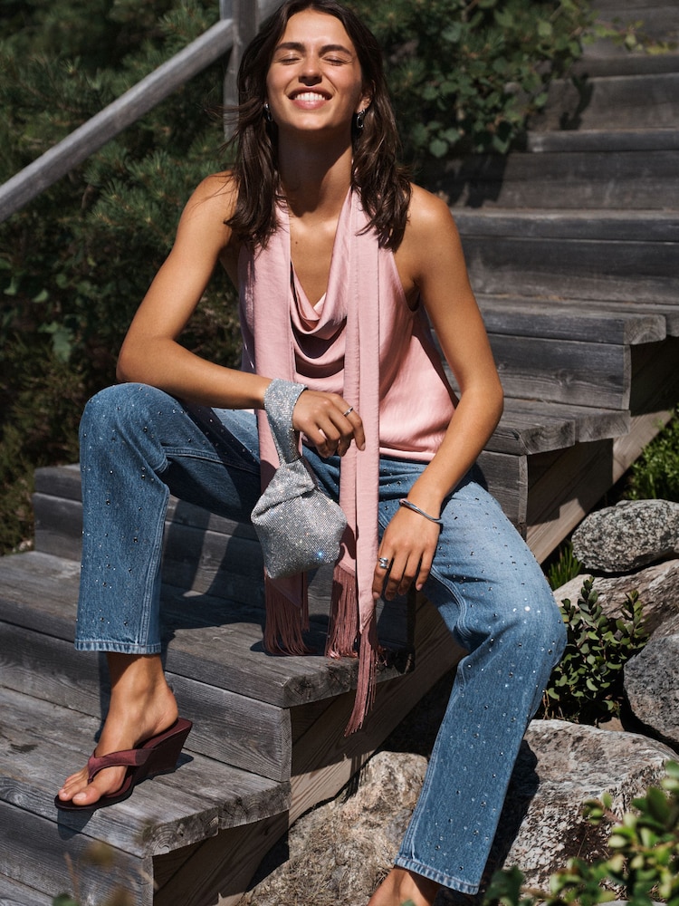 Pink Fringe Tassel Scarf Satin Halter Top - Image 1 of 8 Pink Fringe Tassel Scarf Satin Halter Top - Image 1 of 8