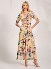 Jolie Moi Yellow Ruched Sleeve Mesh Maxi Dress - Image 1 of 6