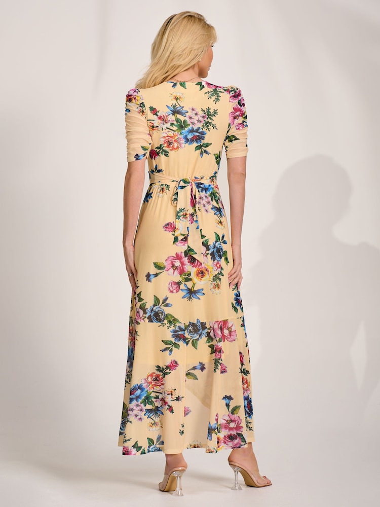 Jolie Moi Yellow Ruched Sleeve Mesh Maxi Dress - Image 2 of 6