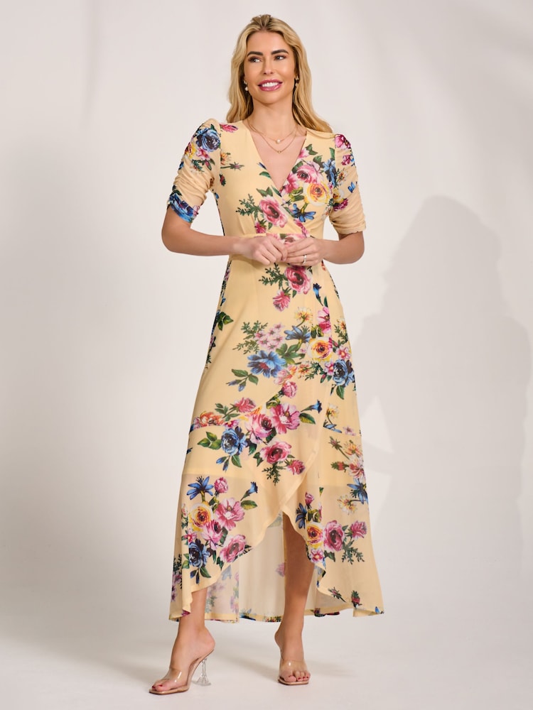 Jolie Moi Yellow Ruched Sleeve Mesh Maxi Dress - Image 6 of 6