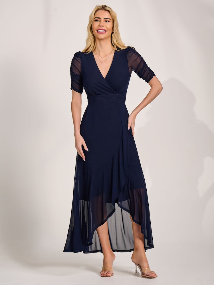 Jolie Moi Blue Ruched Sleeve Mesh Maxi Dress - Image 1 of 6
